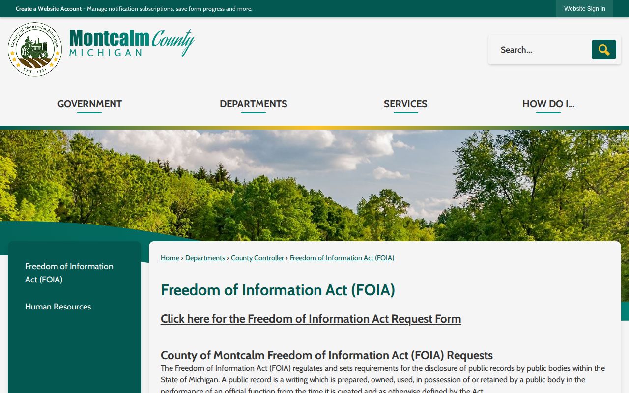Montcalm County booking-record FOIA request page